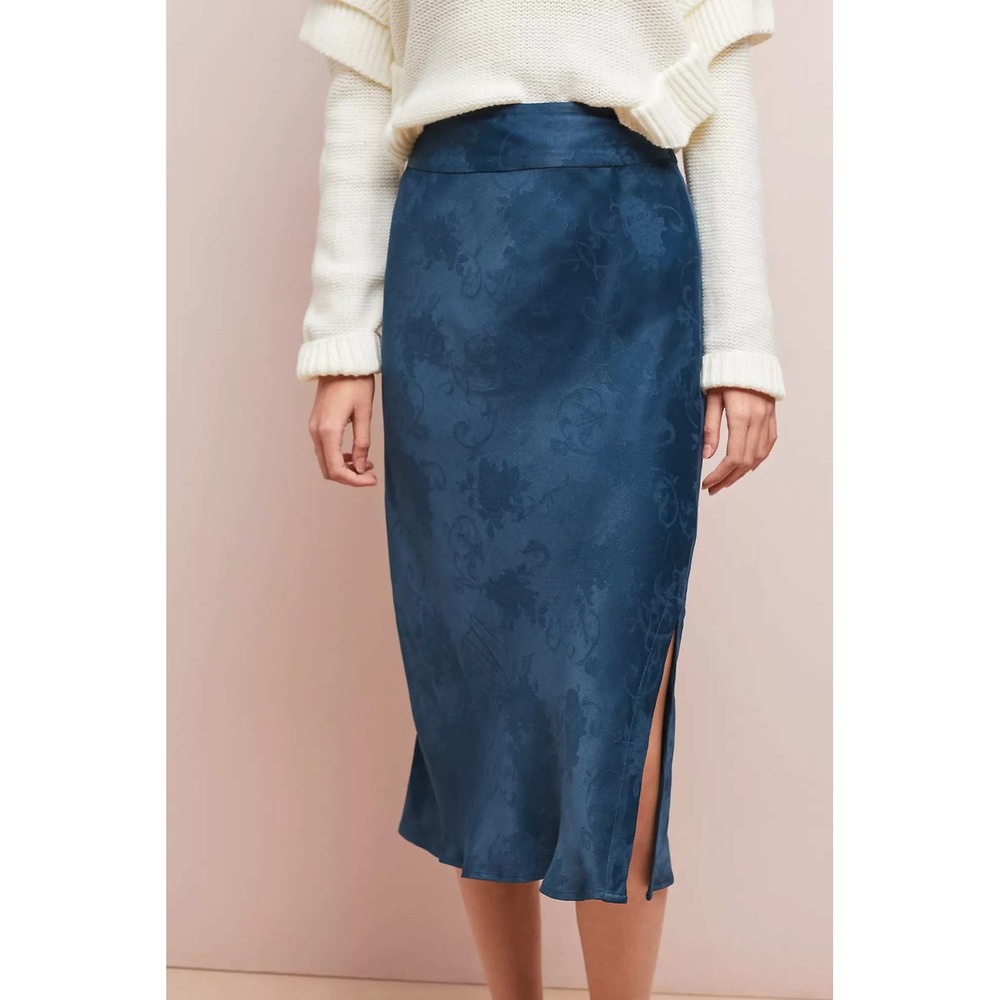 Anthropologie Moulinette Soeurs Blue‎ Jacquard Satin Slip Midi Skirt 12